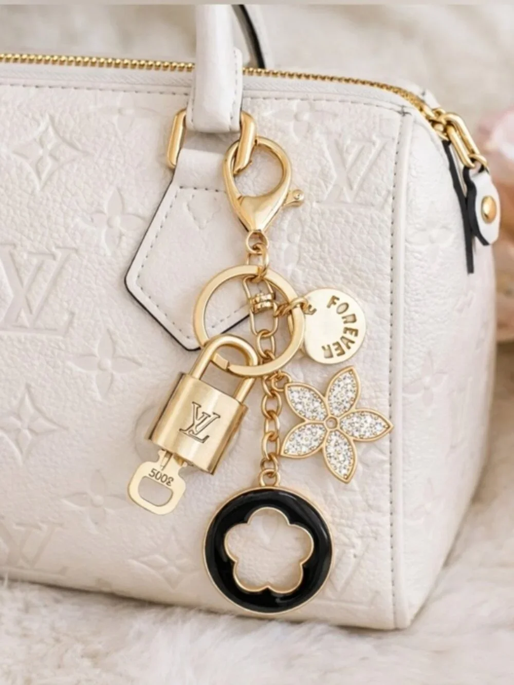 Authentic Louis Vuitton Gold Lock & Key 🔑 Bag Charm w/ Unbranded Flower Charm